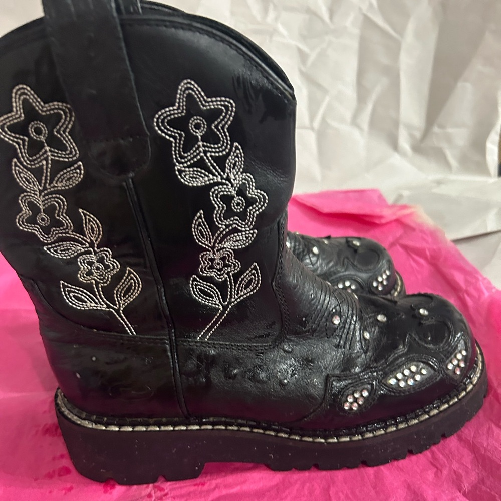 Roper Short Western Boot Black Leather Floral Stitch Rhinestone Round Womens 5
